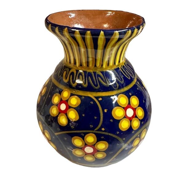 Mexican Red Clay Hand Painted Vase Terracotta 106 Glazed Pottery - Picture 2 of 4